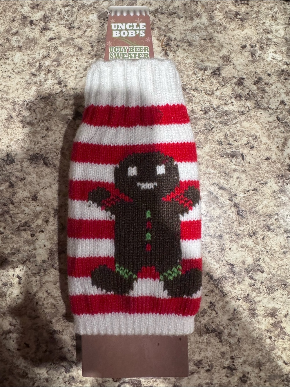 Uncle Bob's Red & White Striped Gingerbread Sweater Coozie